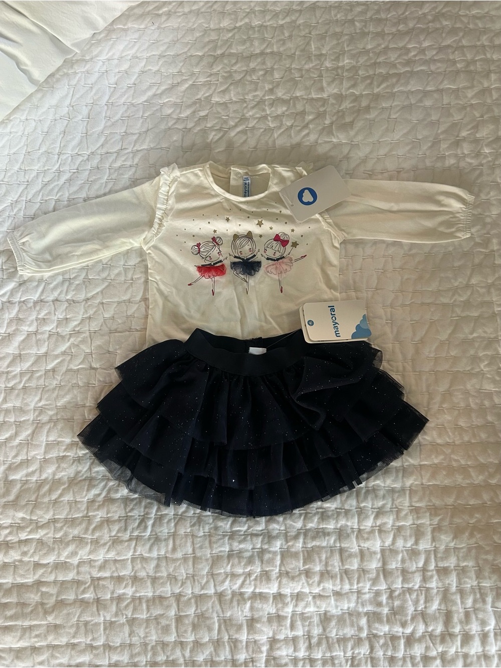 Mayoral Cream Long-Sleeve Top with Black Glitter Tiered Tutu Skirt